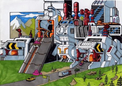 ​变形金刚猛大帅、铁甲龙、巨无霸福特、萨克巨人基地形态插画